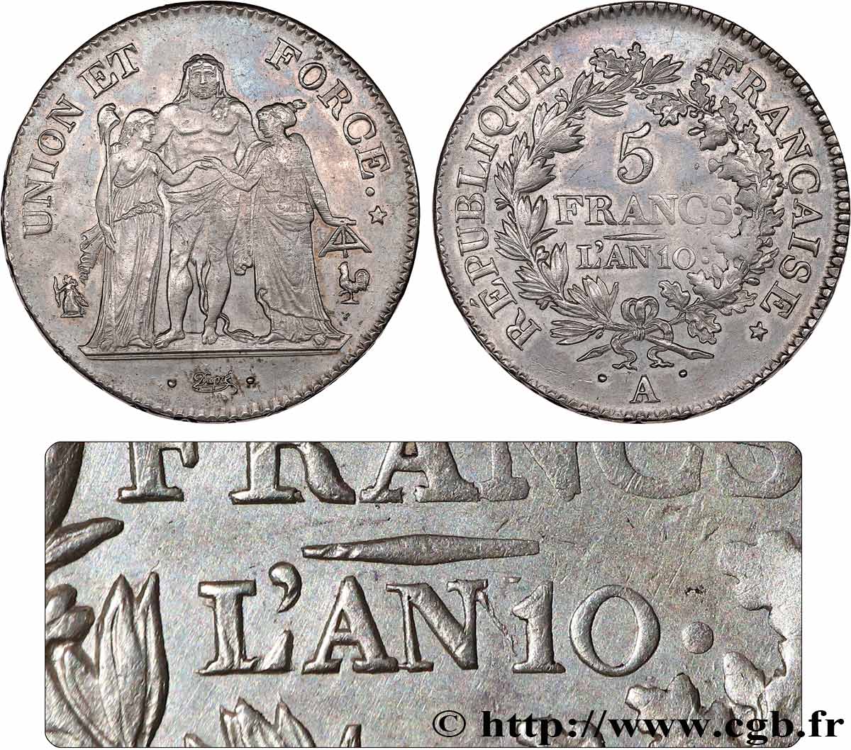 5 francs Union et Force, Union serré, seulement glands intérieurs, L’AN / L’AN 1802 Paris F.288/171 AU 