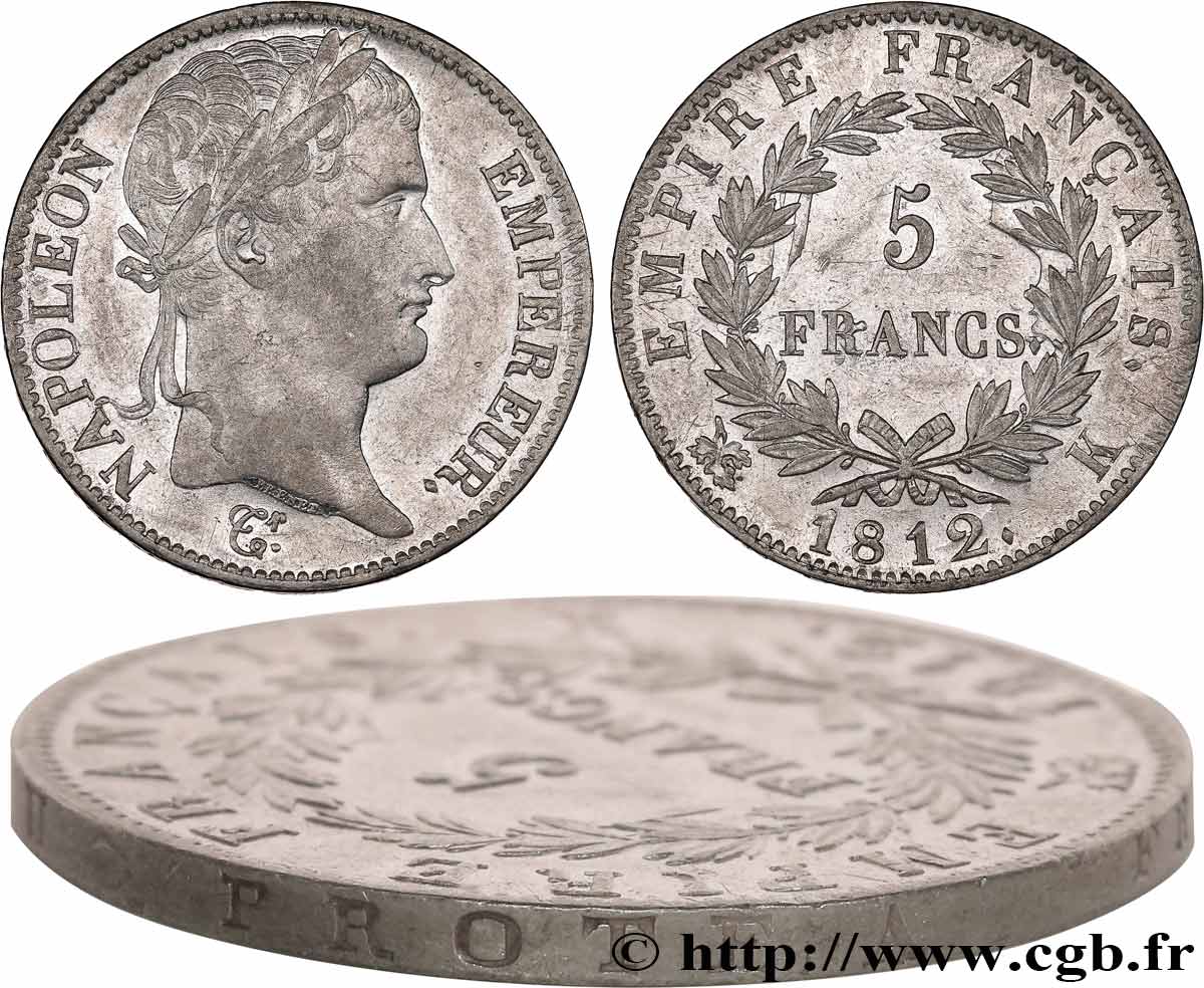 5 francs Napoléon Empereur, Empire français, Tranche Fautée 1812 Bordeaux F.307/47 TTB+ 