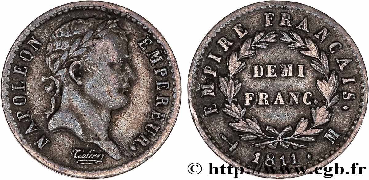 Demi-franc Napoléon Ier tête laurée, Empire français 1811 Toulouse F.178/29 BB40 