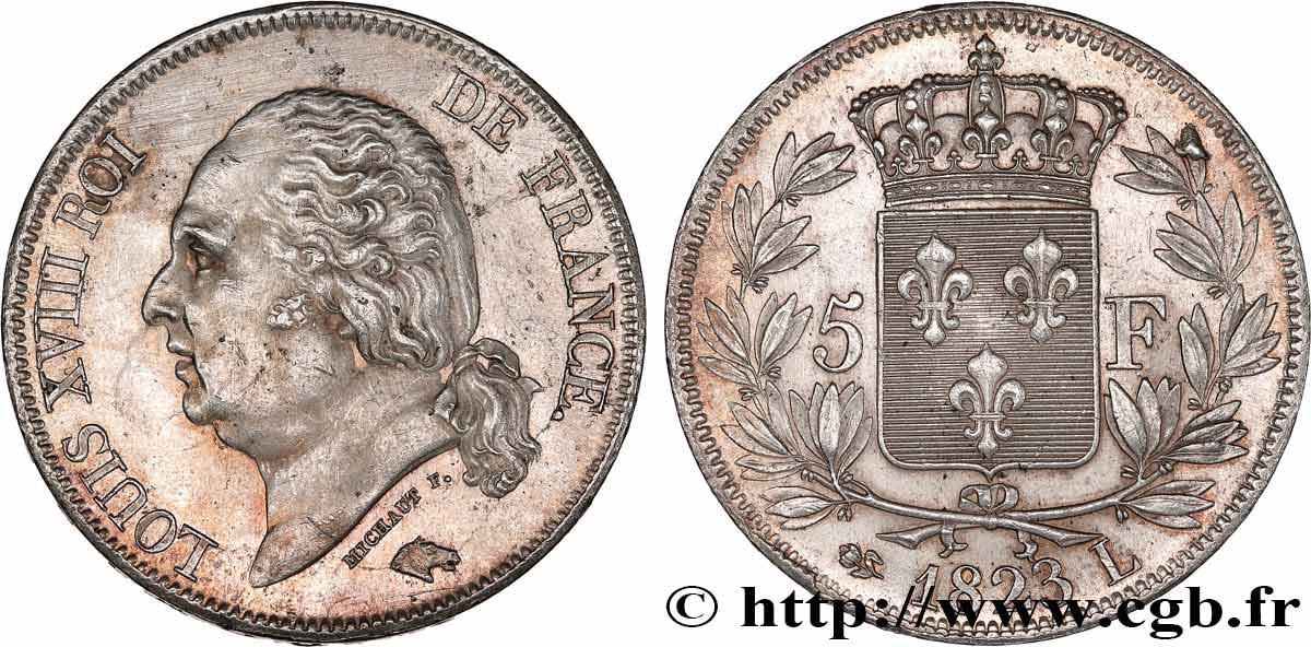 5 francs Louis XVIII, tête nue 1823 Bayonne F.309/81 TTB+ 