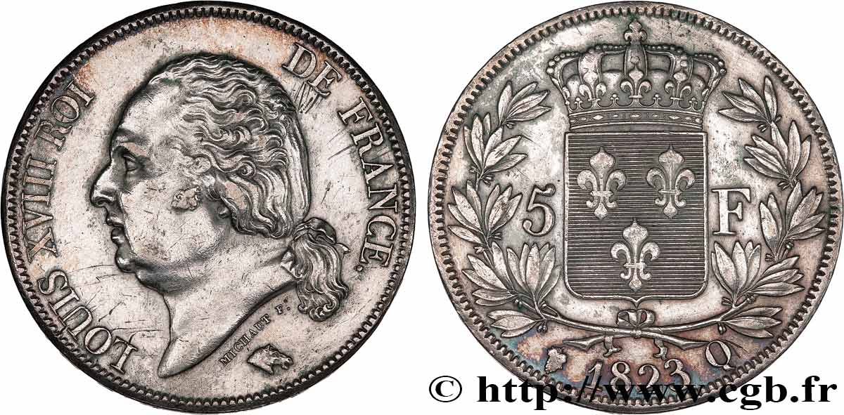 5 francs Louis XVIII, tête nue 1823 Perpignan F.309/86 XF 