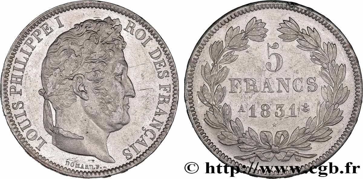 5 francs Ier type Domard, tranche en relief 1831 Paris F.320/1 SPL 