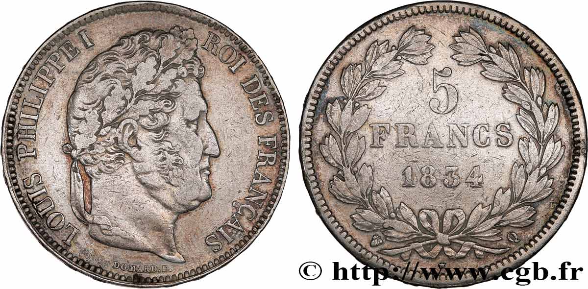 5 francs IIe type Domard 1834 Perpignan F.324/39 VF 