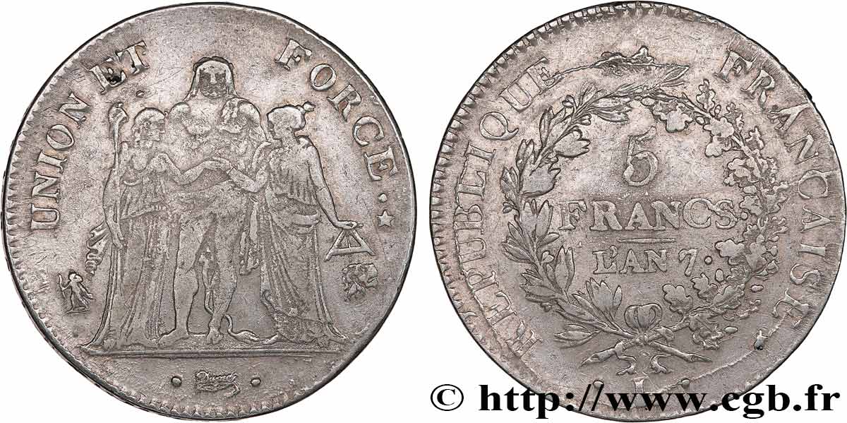 5 francs Union et Force, Union serré, seulement gland extérieur 1799 Bayonne F.288/112 TB+ 