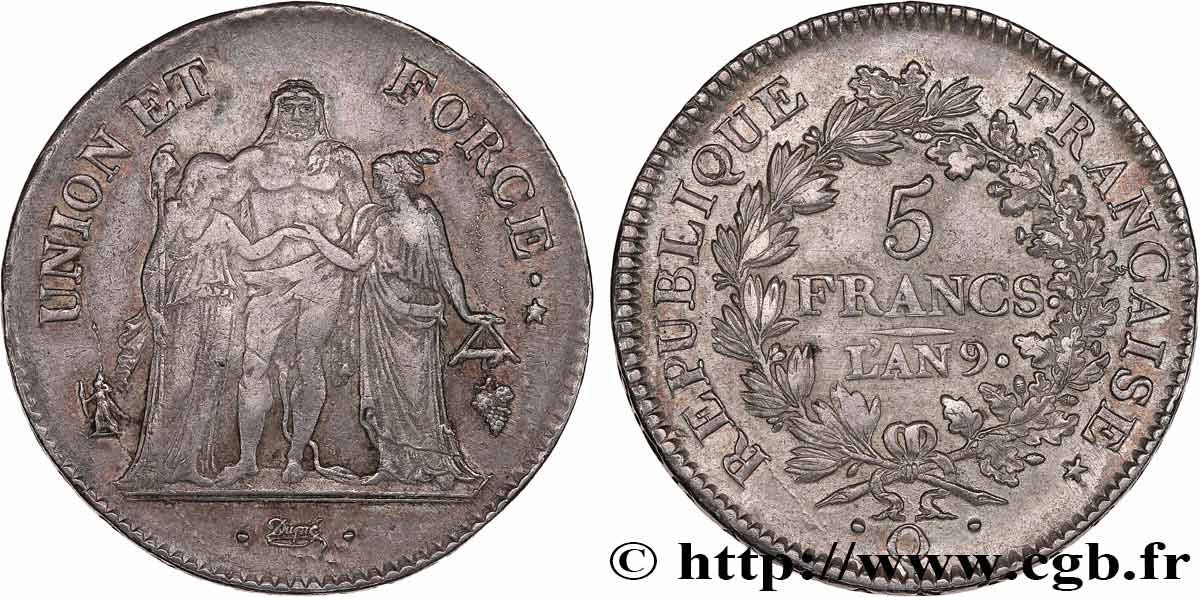 5 francs Union et Force, Union serré, avec glands intérieurs et gland extérieur 1801 Perpignan F.288/69,5 XF45 