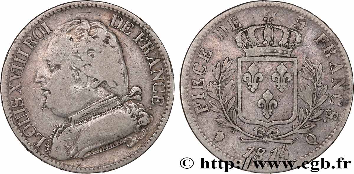 5 francs Louis XVIII, buste habillé 1814 Perpignan F.308/11 BC 