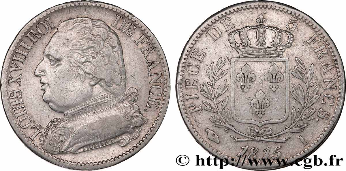 5 francs Louis XVIII, buste habillé 1815 Limoges F.308/20 BC+ 