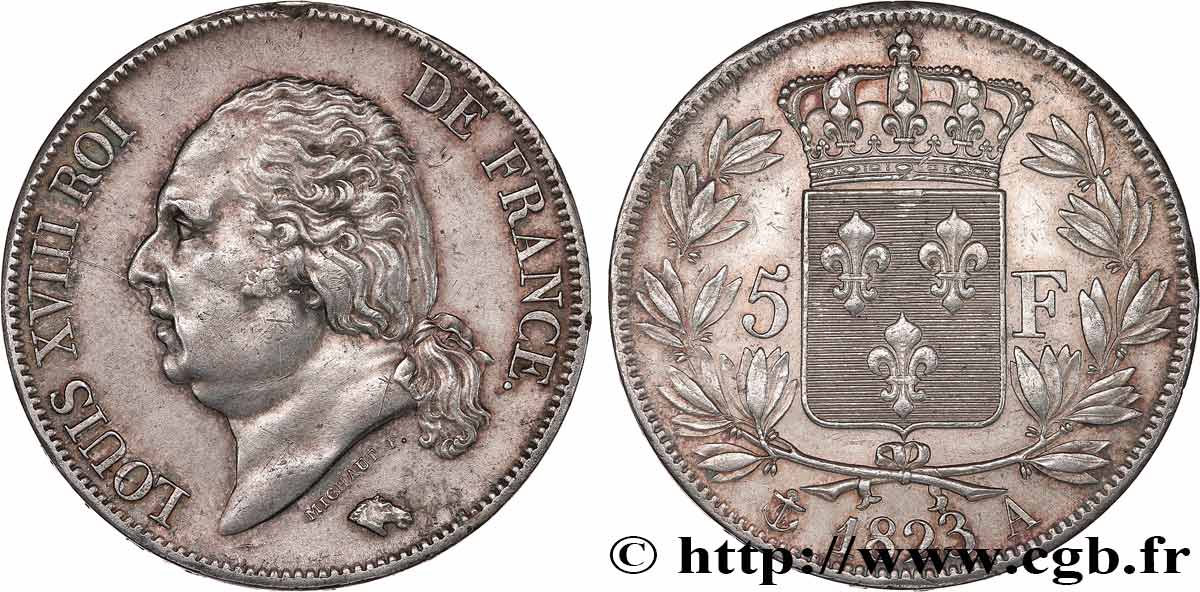 5 francs Louis XVIII, tête nue 1823 Paris F.309/76 AU 