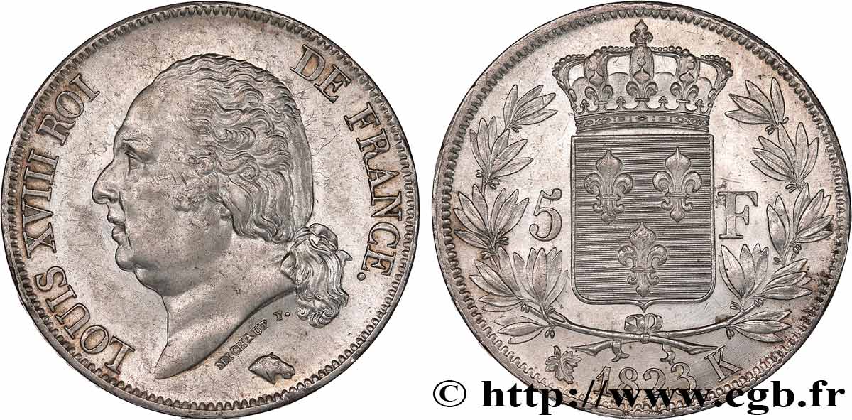 5 francs Louis XVIII, tête nue 1823 Bordeaux F.309/82 MS60 
