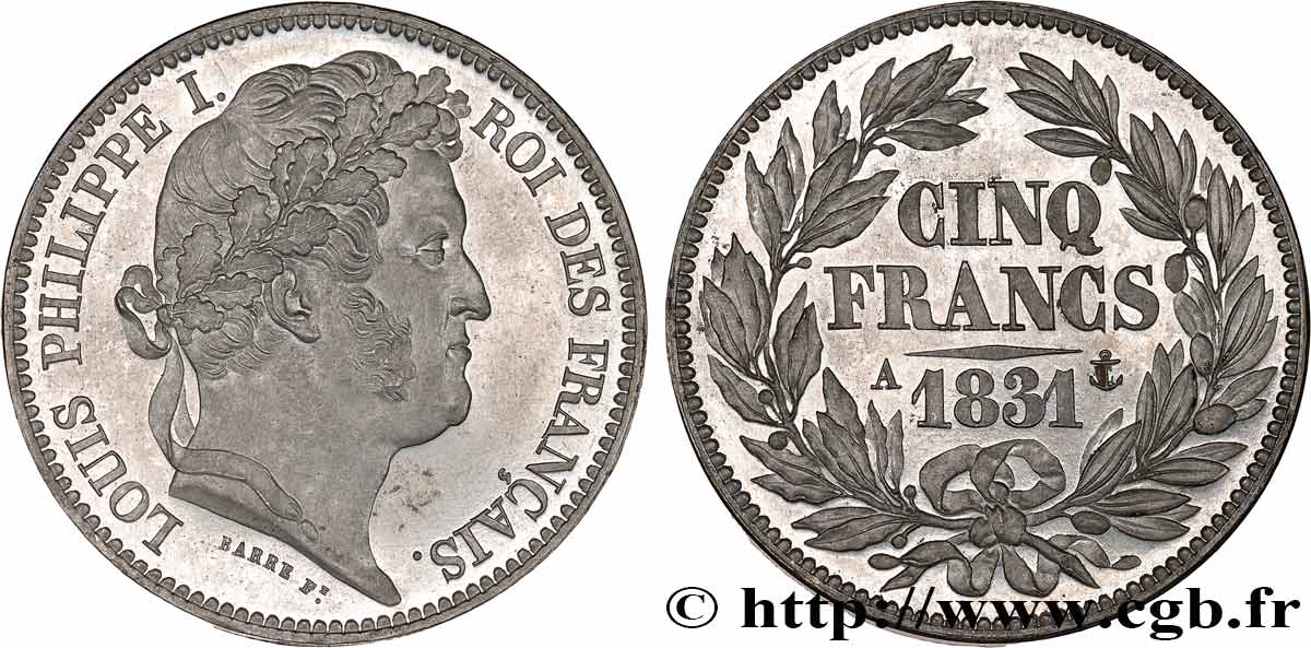 Essai de 5 (Cinq) francs en étain par Barre, tête laurée 1831 Paris VG.2762  MS63 
