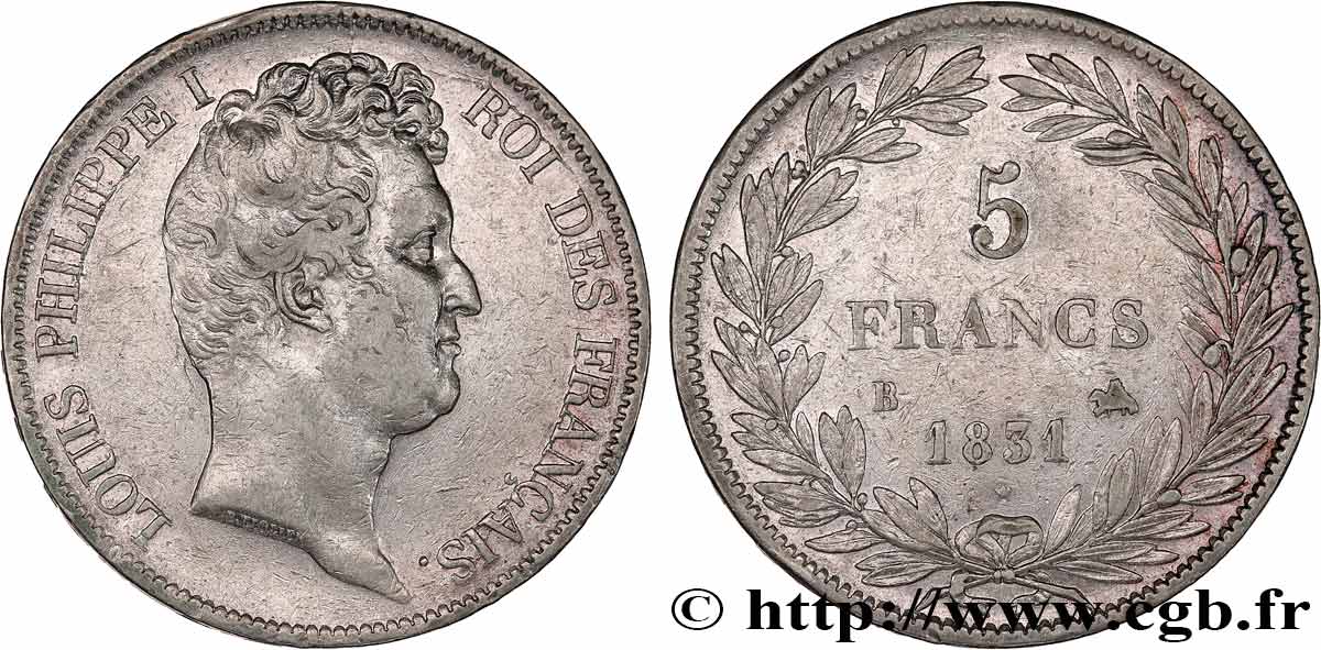5 francs type Tiolier avec le I, tranche en creux 1831 Rouen F.315/15 XF 