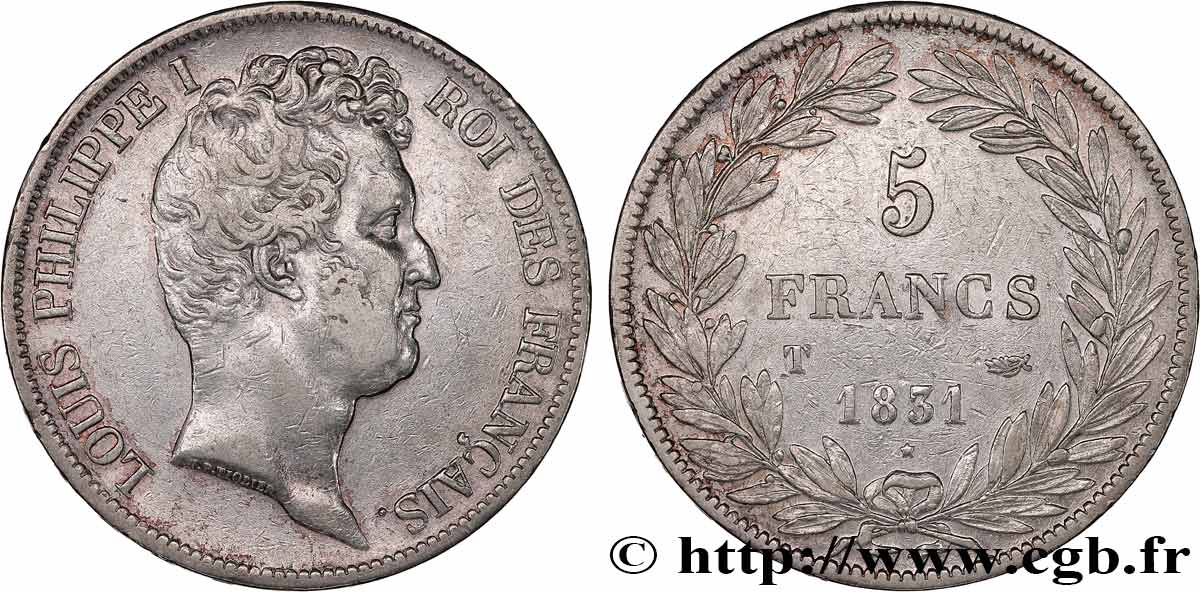 5 francs type Tiolier avec le I, tranche en creux 1831 Nantes F.315/26 XF 