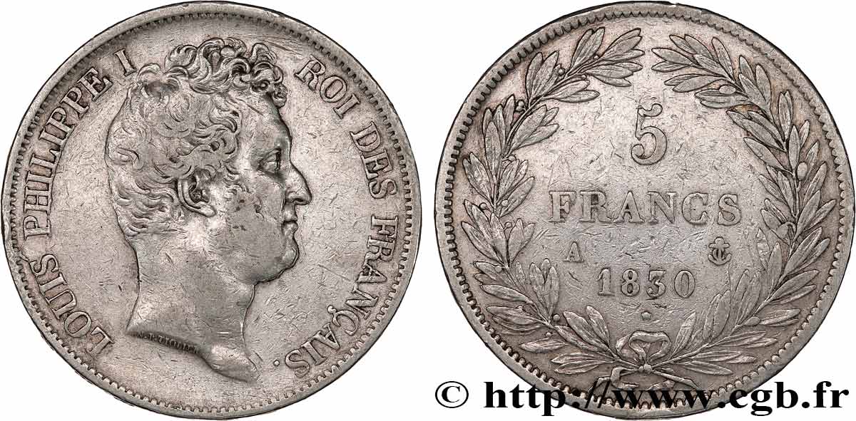 5 francs type Tiolier avec le I, tranche en relief 1830 Paris F.316/1 TB+ 