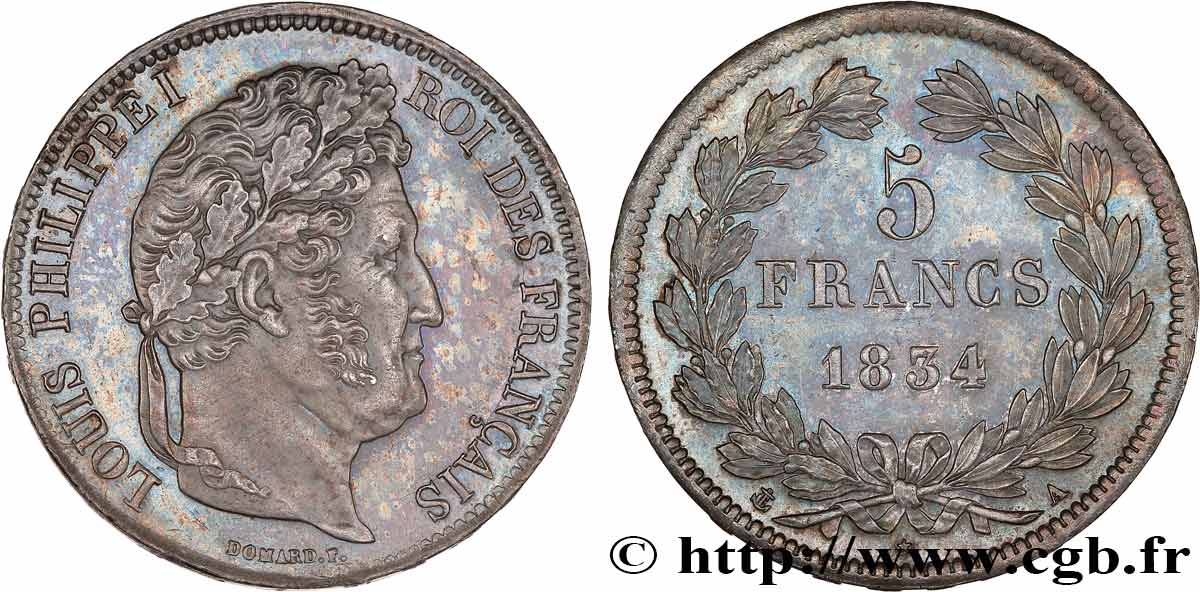 5 francs IIe type Domard 1834 Paris F.324/29 MS62 