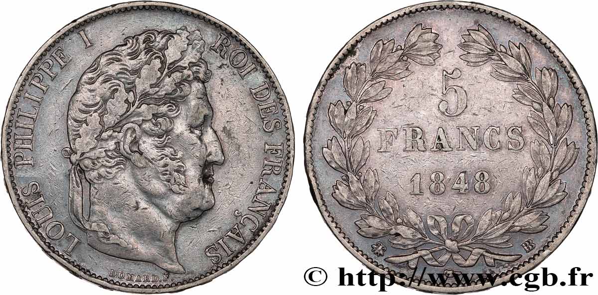 5 francs IIIe type Domard 1848 Strasbourg F.325/18 XF 