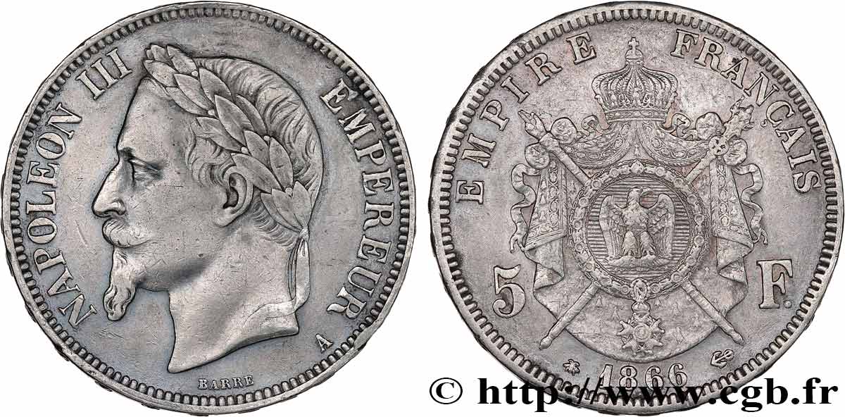 5 francs Napoléon III, tête laurée 1866 Paris F.331/9 MBC 