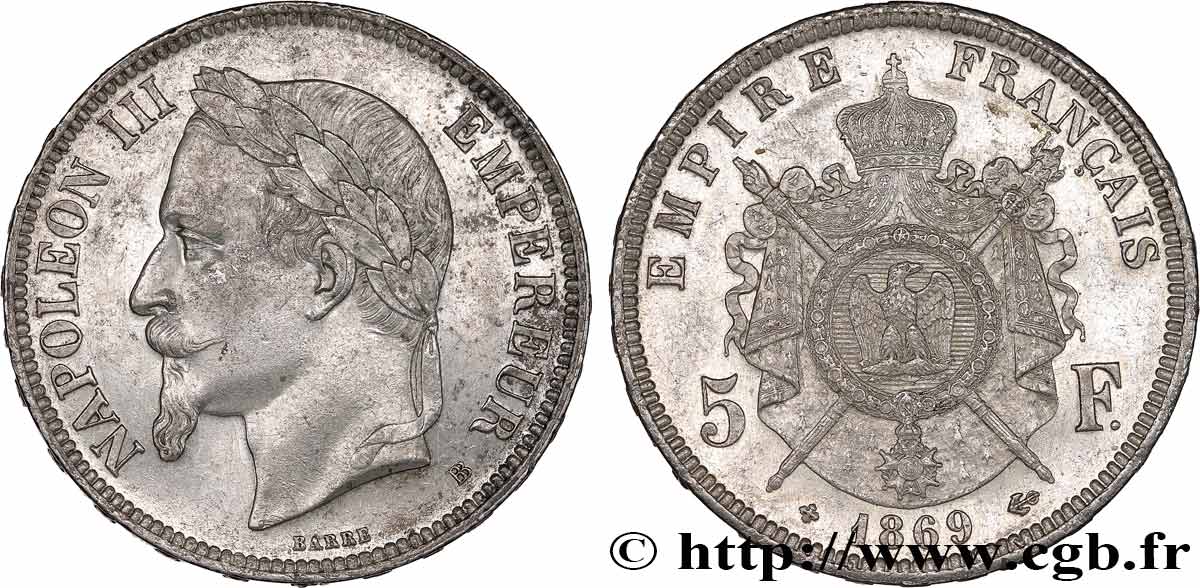5 francs Napoléon III, tête laurée 1869 Strasbourg F.331/15 EBC58 