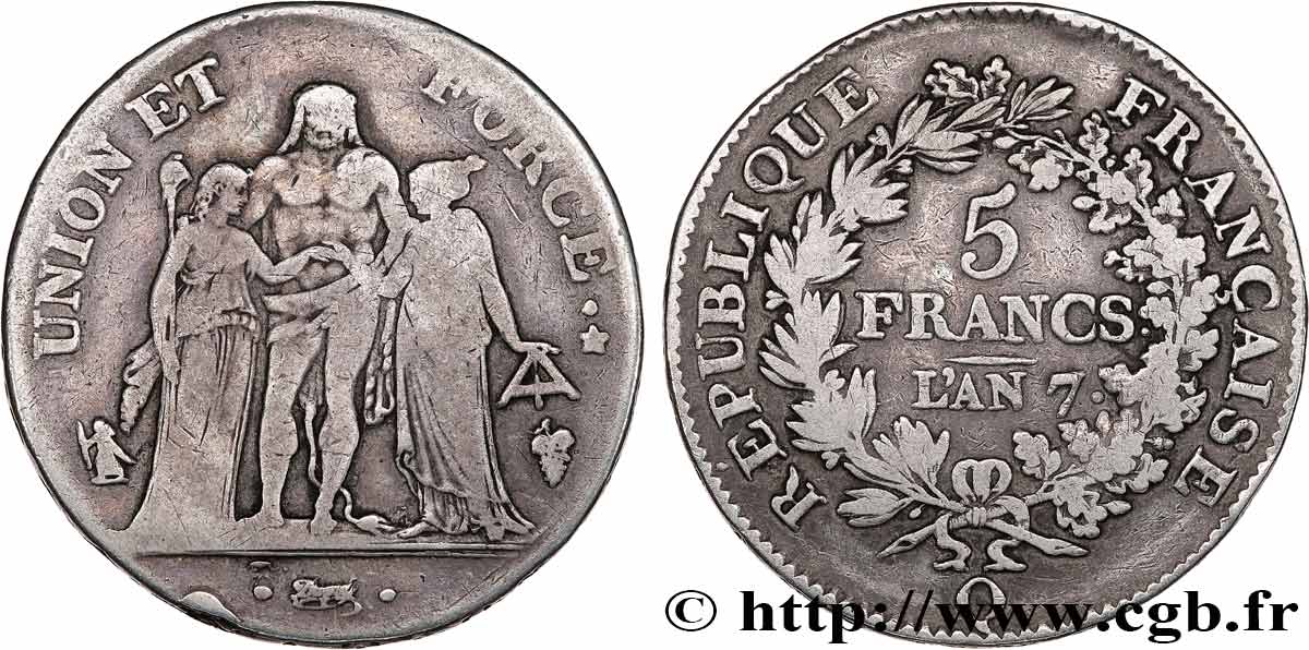 5 francs Union et Force, Union serré, avec glands intérieurs et gland extérieur 1799 Perpignan F.288/120 VF20 