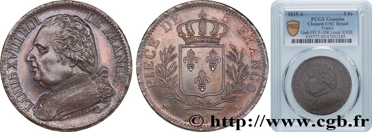 5 francs Louis XVIII, buste habillé 1815 Paris F.308/14 SUP+ PCGS