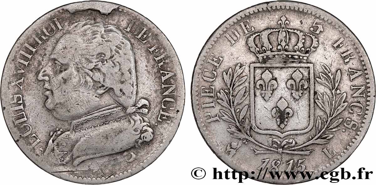 5 francs Louis XVIII, buste habillé 1815 Bayonne F.308/23 VF20 