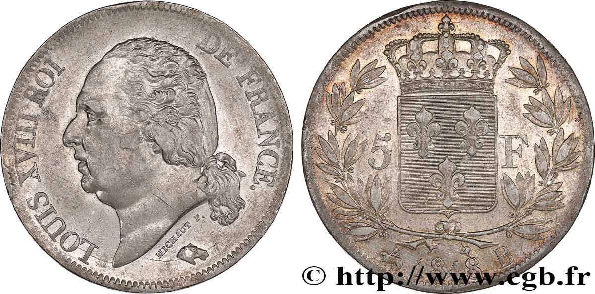 5 francs Louis XVIII, tête nue 1818 Rouen F.309/29 TTB 