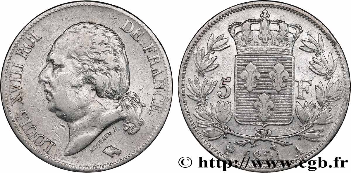 5 francs Louis XVIII, tête nue 1821 Paris F.309/60 TTB 