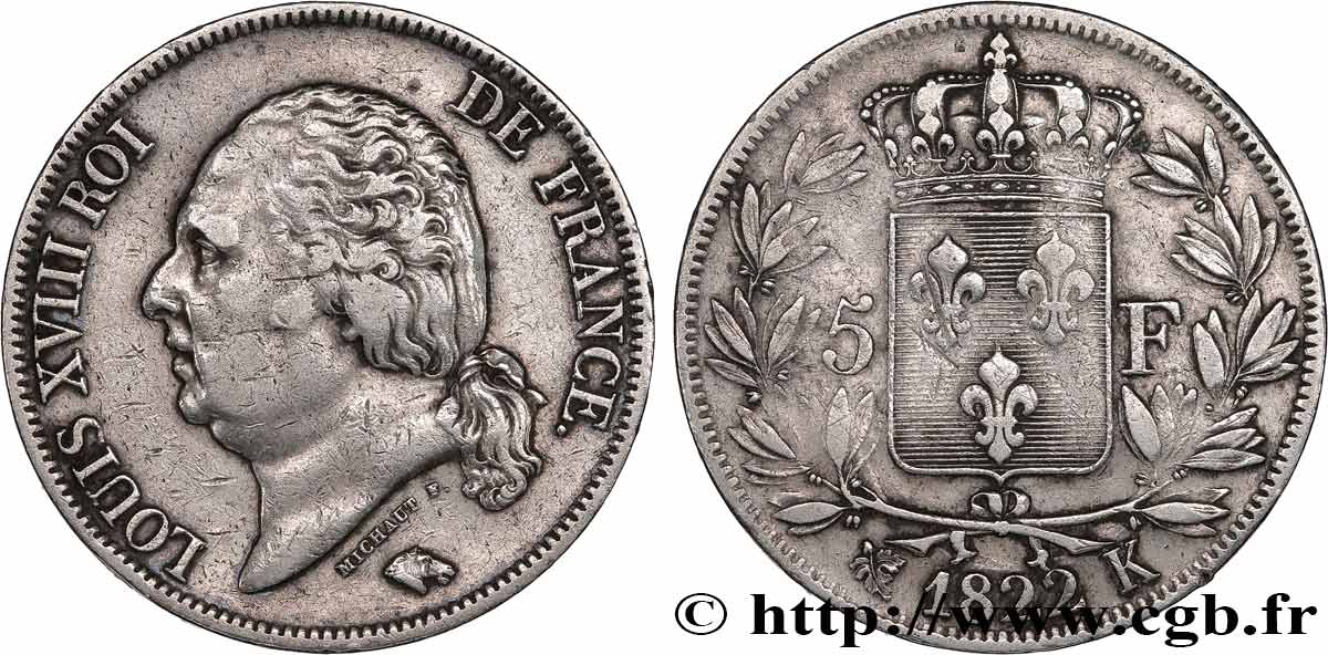 5 francs Louis XVIII, tête nue 1822 Bordeaux F.309/73 q.BB 