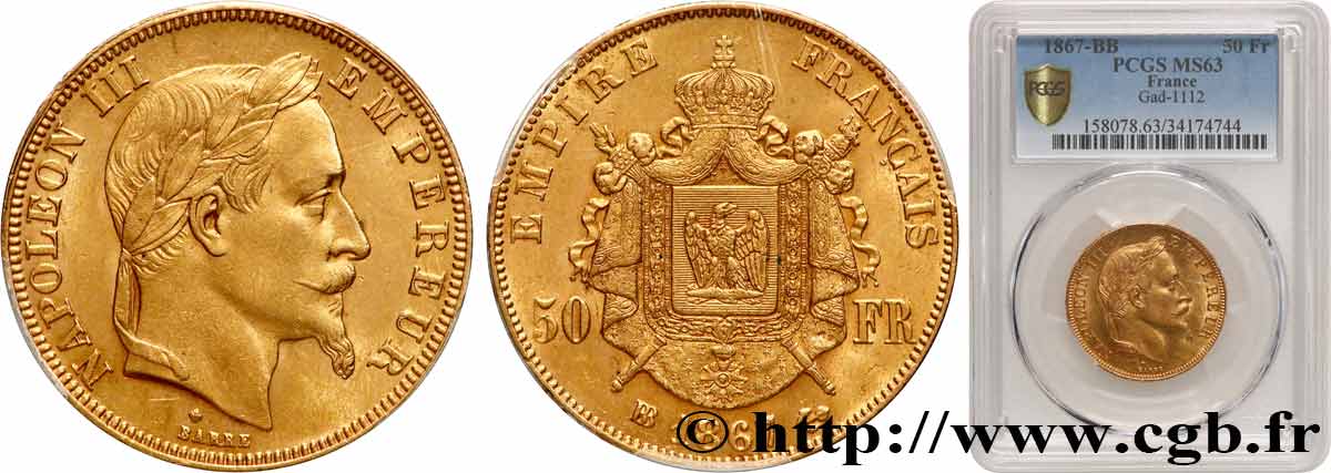 50 francs or Napoléon III, tête laurée 1867 Strasbourg F.548/9 MS63 PCGS