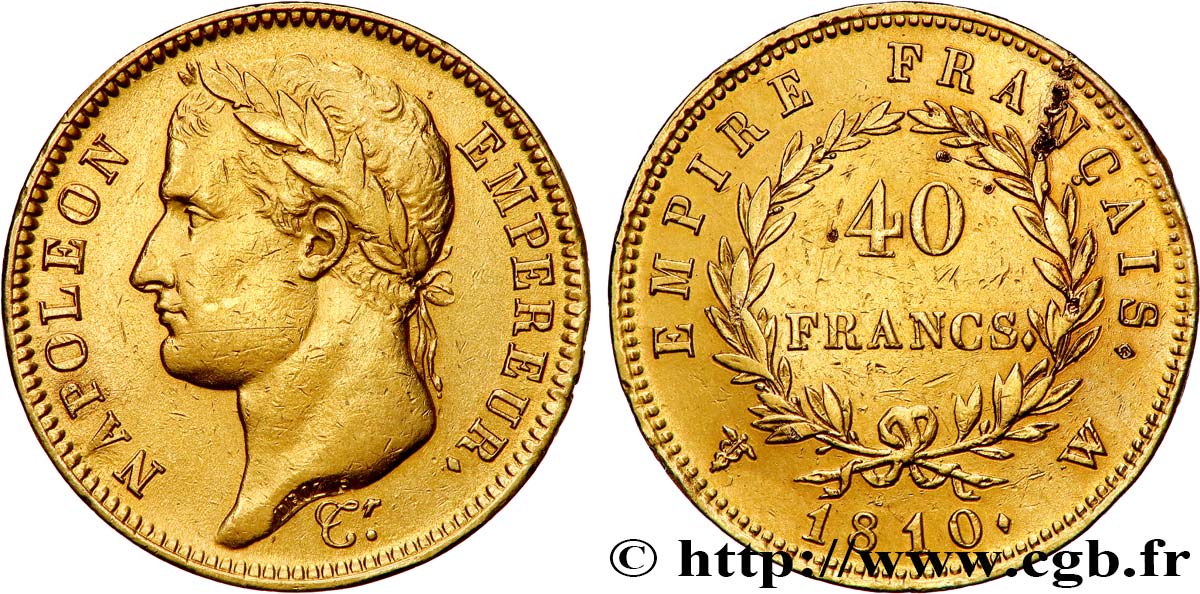 40 francs or Napoléon tête laurée, Empire français 1810 Lille F.541/5 MBC 