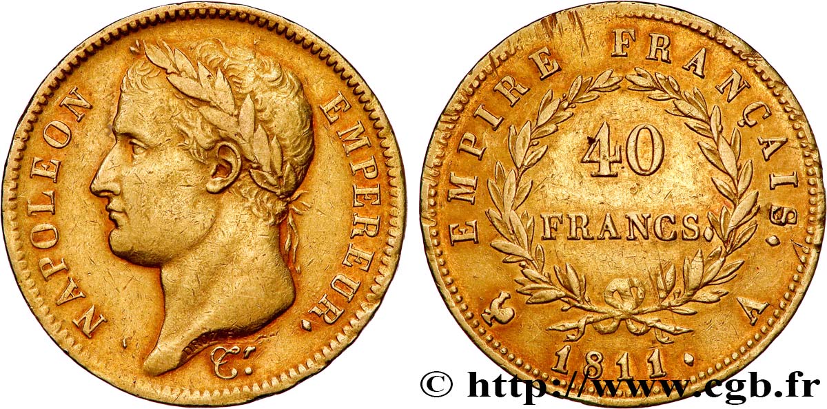40 francs or Napoléon tête laurée, Empire français 1811 Paris F.541/6 XF 
