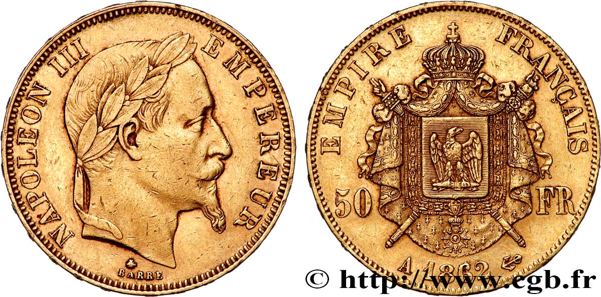 50 francs or Napoléon III, tête laurée 1862 Paris F.548/1 XF 
