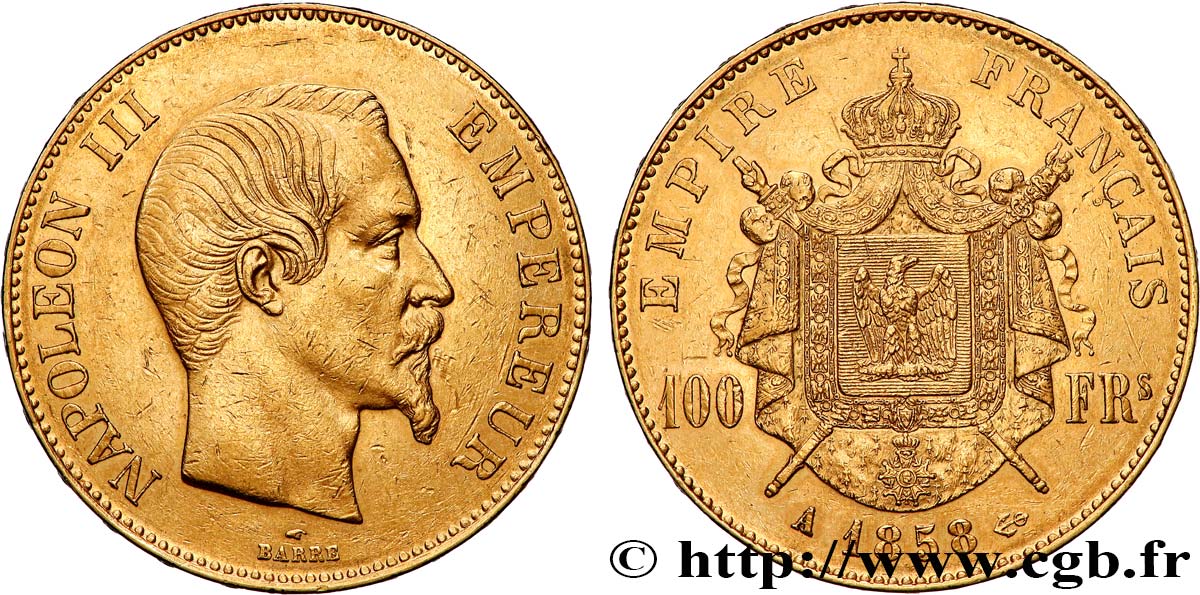100 francs or Napoléon III, tête nue 1858 Paris F.550/5 TTB 