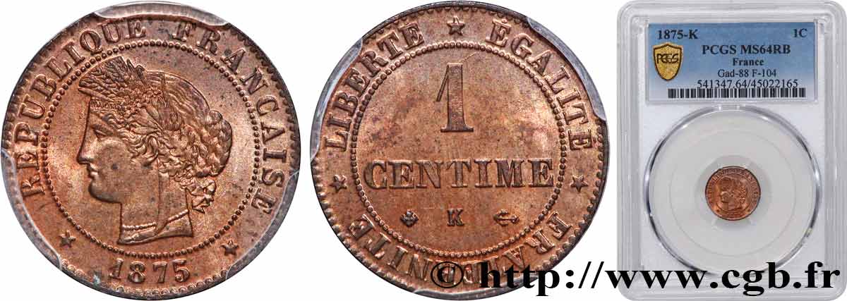 1 centime Cérès 1875 Bordeaux F.104/5 fST64 PCGS