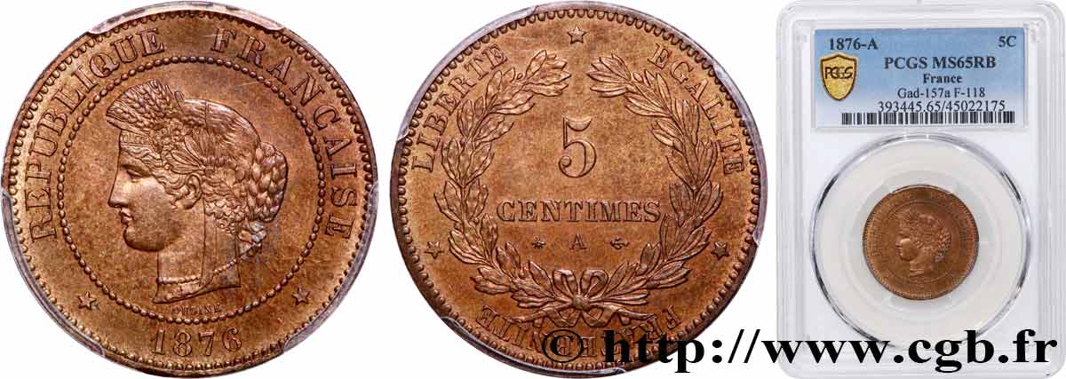 5 centimes Cérès 1876 Paris F.118/13 FDC65 PCGS