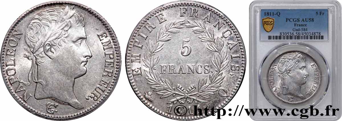 5 francs Napoléon Empereur, Empire français 1811 Perpignan F.307/37 AU58 PCGS