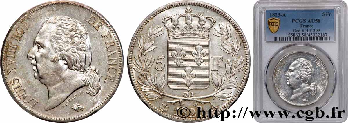 5 francs Louis XVIII, tête nue 1823 Paris F.309/76 SUP58 PCGS