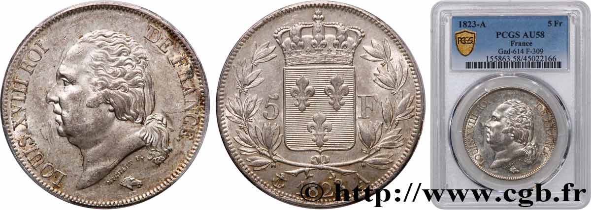 5 francs Louis XVIII, tête nue 1823 Paris F.309/76 SUP58 PCGS
