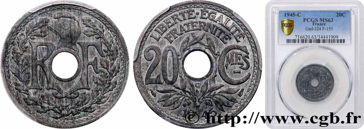 20 centimes Lindauer Zinc 1945 Castelsarrasin F.155/4 SC63 PCGS