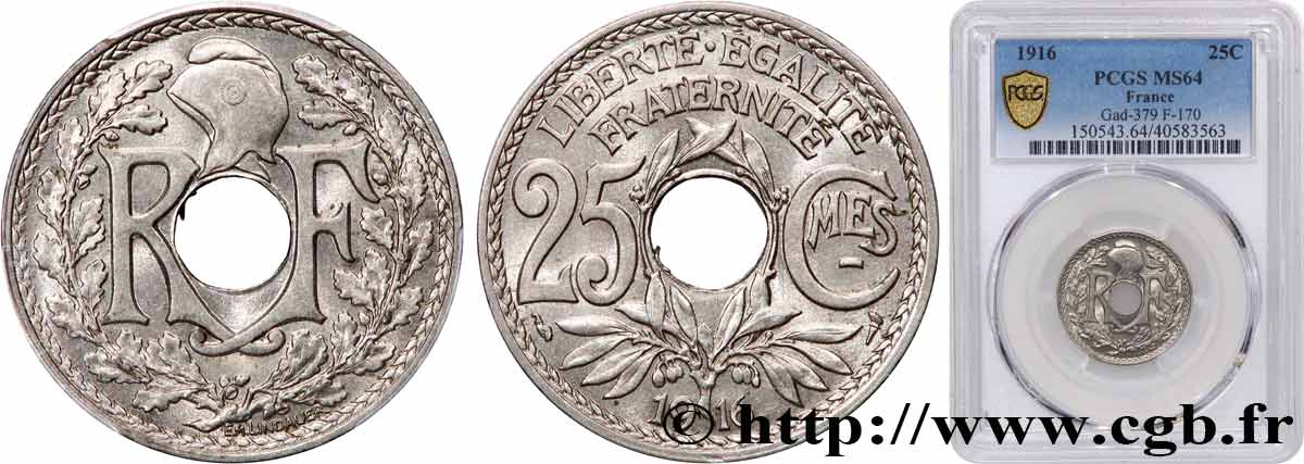 25 centimes Lindauer, Cmes souligné 1916 Paris F.170/4 SPL64 PCGS