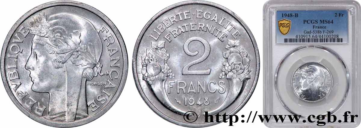 2 francs Morlon, aluminium 1948 Beaumont-Le-Roger F.269/13 SPL64 PCGS