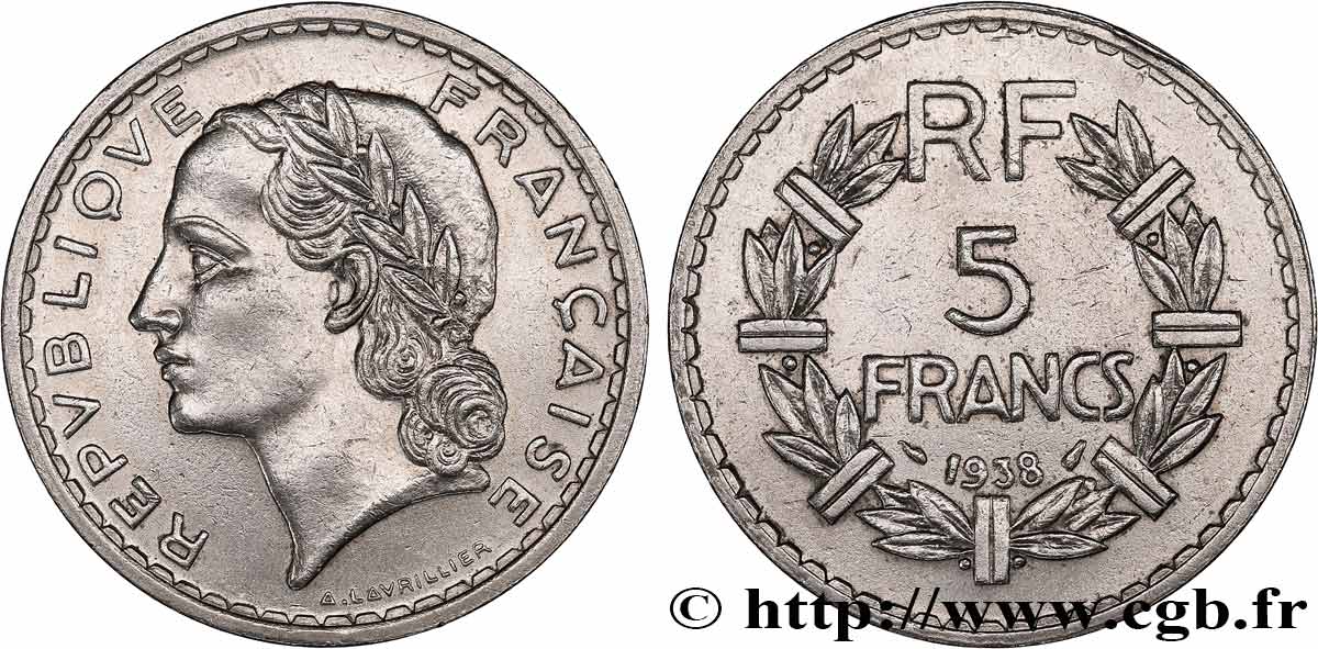 5 francs Lavrillier, nickel 1938  F.336/7 SUP60 