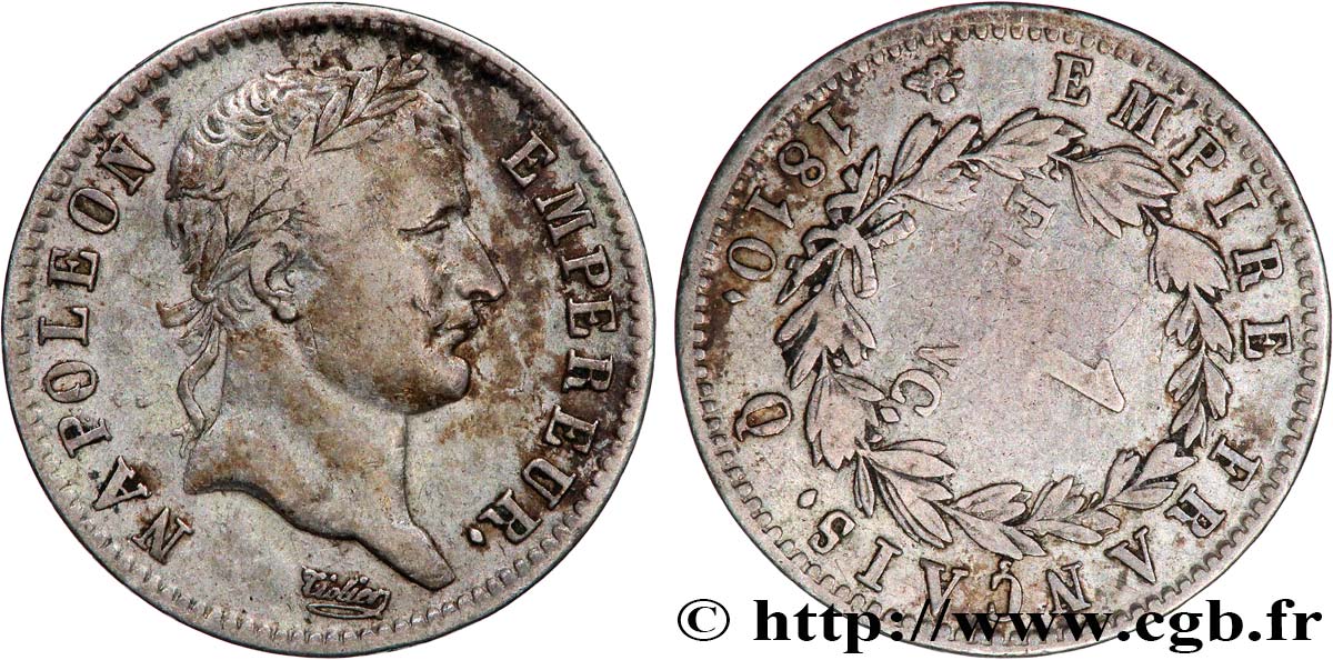 1 franc Napoléon Ier tête laurée, Empire français, Fauté Coins Tournés 1810 Perpignan F.205/25 var. TB 