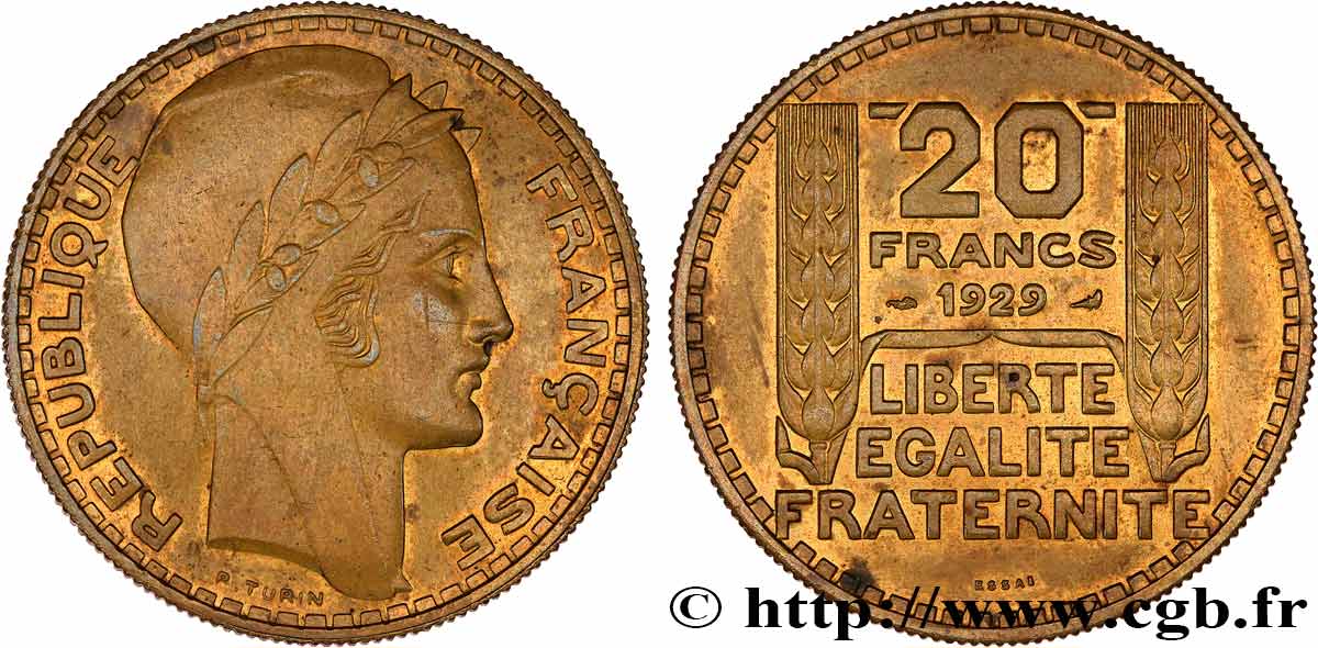 Essai de 20 francs Turin en bronze-aluminium 1929 Paris GEM.199 5 SC63 