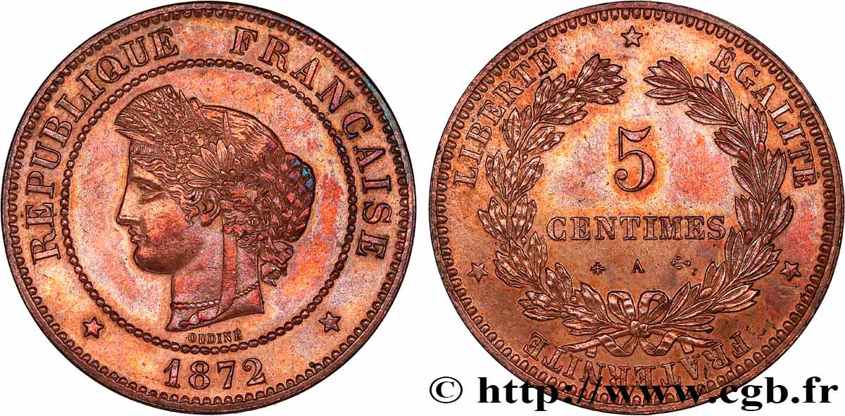 5 centimes Cérès, petit A 1872 Paris F.118/5 SPL+ 