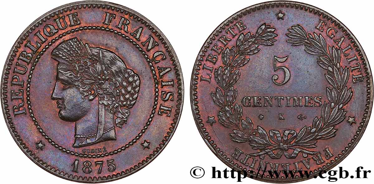 5 centimes Cérès 1875 Bordeaux F.118/12 SUP58 