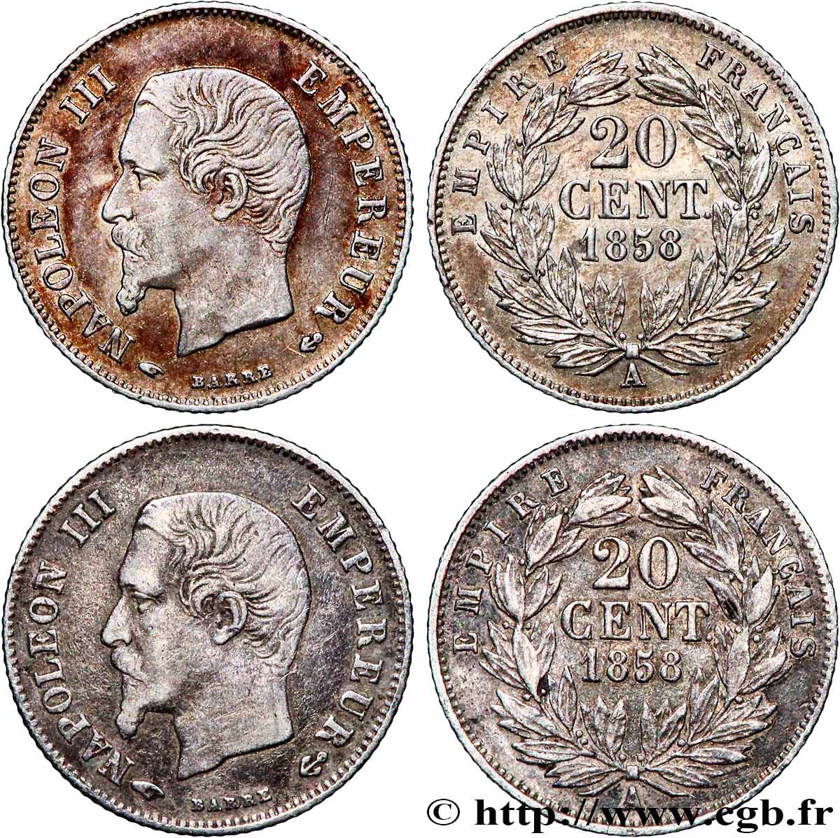 Lot des deux variétés de 20 centimes Napoléon III, tête nue, Grands et Petits différents 1858 Paris F.148/10 VF/XF 