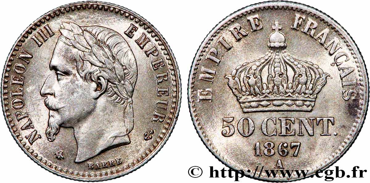50 centimes Napoléon III, tête laurée, différent au milieu 1867 Paris F.188/14 EBC 