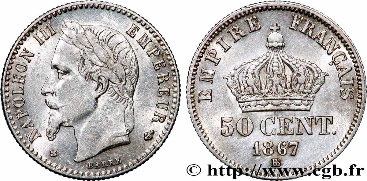 50 centimes Napoléon III, tête laurée, différent au milieu 1867 Strasbourg F.188/17 q.SPL 