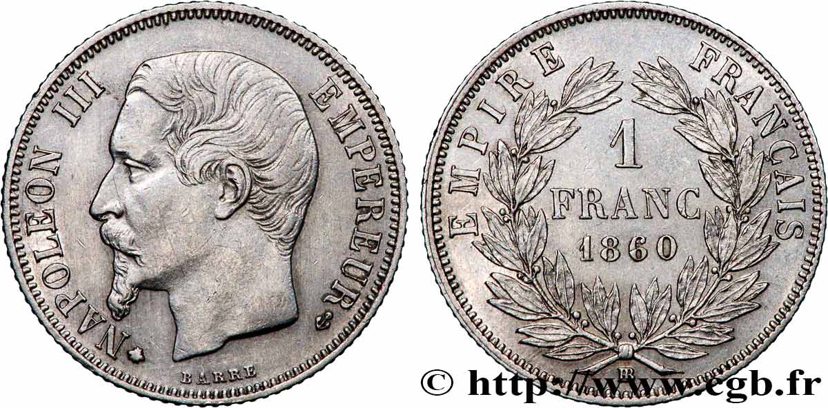 1 franc Napoléon III, tête nue, différent Abeille, 60/50 1860 Strasbourg F.214/18 q.SPL 