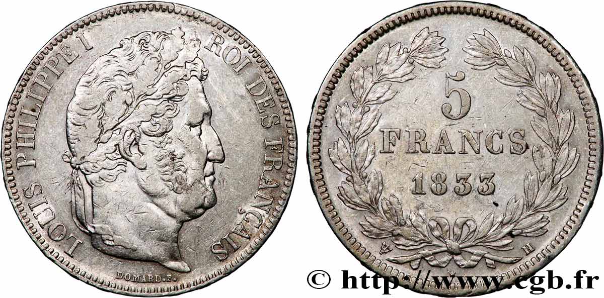 5 francs IIe type Domard, 1833/2 1833 La Rochelle F.324/19 MBC 